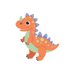 Cute cartoon orange dinosaur on white background, vector illustration for children's design.