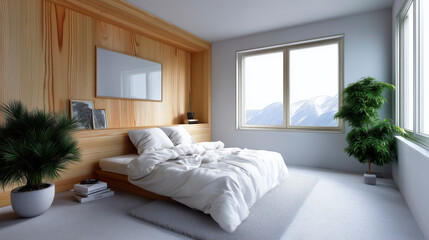 A bedroom with a white bed and a potted plant