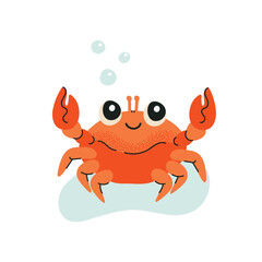 Orange funny cartoon crab underwater, flat vector illustration for kids themes