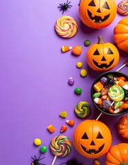 Halloween candy and pumpkins on purple background.  A festive autumnal still life.