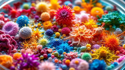 Fototapeta premium A petri dish containing an array of colorful, intricate bacteria and stunning ingredients