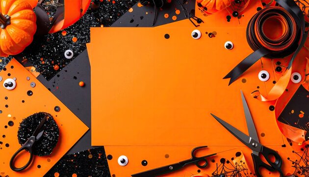 Halloween craft supplies surround an orange card on a black background. Scissors, googly eyes, ribbons, and confetti are included. 