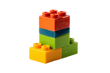 Colorful plastic blocks stacked high creative construction toy kid fun red on transparent background