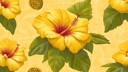 Vibrant Yellow Hibiscus Floral Seamless Pattern