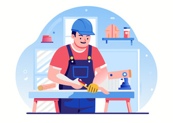 Fototapeta premium A carpenter works in a workshop image. Cartoon style. Vector illustration.