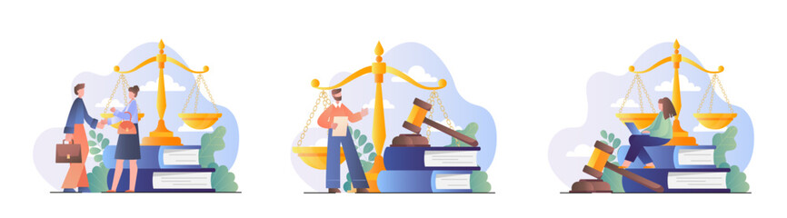 Fototapeta premium Legal services set. Man and woman near scales and stack of books. Legal support and jurisprudence. Justice and judgement. Flat vector collection isolated on white background