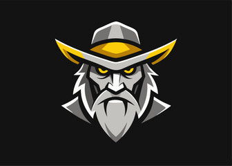 Naklejka premium Wild West Outlaw: A powerful, stylized portrait of a grizzled cowboy with a steely gaze, sporting a wide-brimmed hat and a thick beard, conveying the essence of the American West.
