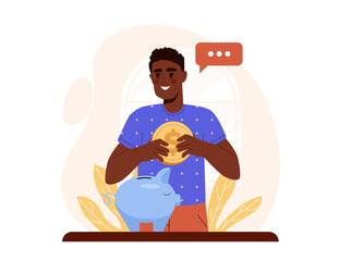 Man with piggy bank. Young guy with golden coins near piggy bank. Financial literacy and passive income. Savings and money, budget. Rich person with money. Flat vector illustration