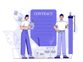 Notary service. Woman and man with pencil near contract. Law and justice, judgement. Corporate deals and agreements. Judicial verdict, rights protection. Linear vector illustration