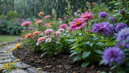 Obraz premium Rain-Kissed Garden: Dewdrops on Flowers, Revitalized Soil, Peaceful Serenity wet lush green bloom 