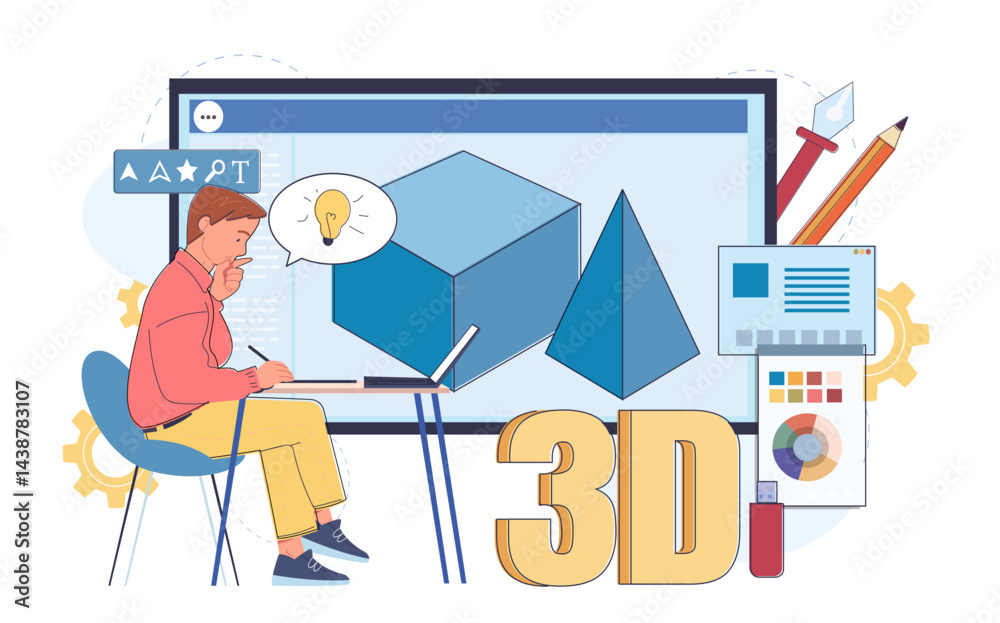Poster man 3d designer. young guy modeling cube and pyramid. graphic designer creating isometric design ele