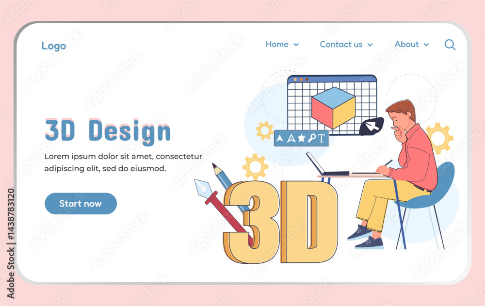 Poster man 3d designer landing page. young guy modeling cube and pyramid. graphic designer creating isometr