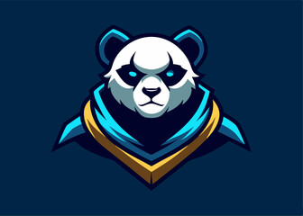 Fototapeta premium Majestic Panda Mascot: A digitally crafted emblem of a panda, sporting a heroic guise in shades of blue and gold, with intense eyes on a contrasting navy background.