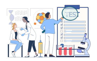 Team of allergists. Man and woman in medical uniform diagnose young girl. Doctors conduct allergy tests. Healthcare and medicine. Diagnosis and treatment. Linear vector illustration
