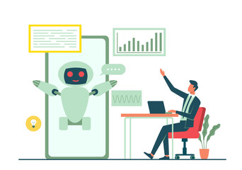 Work with artificial intelligence. Man in suit work with bot on smartphone. Innovations and modern technologies. Collaboration and partnership with AI. Flat vector illustration