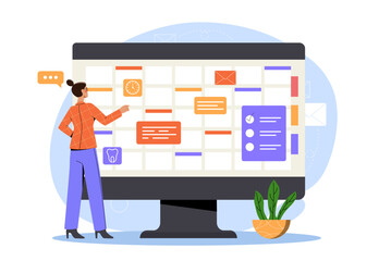 Woman with online calendar. Young girl near computer with calendar. Application for planning and scheduling. Time management and organizing effective work process. Flat vector illustration