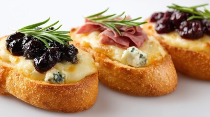 Mini toasts topped with melted blue cheese and dark olives placed in a row on white surface for elegant gourmet appetizer stock image setup