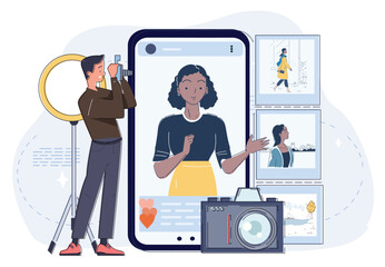 Photo blogger man. Young guy with camera takes picture of woman. Talented content creator and blogger. Photographer posts content on social media. Linear vector illustration