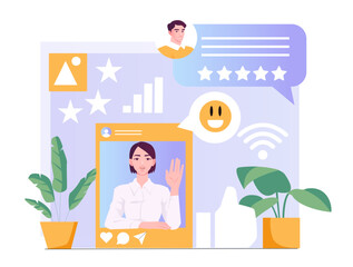 Positive feedback reviews. Analysis of user opinions in social networks. Ranking and rating. Customers satisfaction and experience. Users opinions. Flat vector illustration