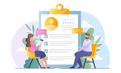 Search for employees. Man and woman talking at job interview. HR manager and candidate for vacancy. Headhunting and recruitment, employment. Flat vector illustration