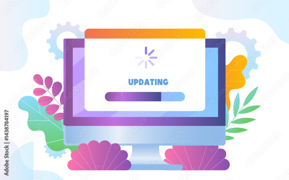 Aufkleber software updating concept. computer with update progress bar. software installation. hardware upgrad