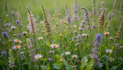 Fototapeta premium Whispering Meadow: Delicate Wildflowers in a Sun-Drenched Grassland, Nature's Gentle Beauty Unveiled