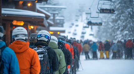 Obraz premium A long line of skiers and snowboarders waits patiently for the ski lift on a snowy winter day at a mountain resort.