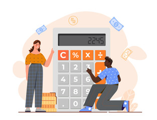 People count money. Man and woman near huge calculator, banknotes and gold coins. Financial literacy and passive income. Accounting and budgeting. Flat vector illustration