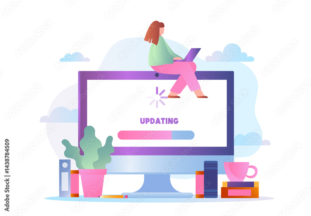 Poster woman updating software. young girl with computer uploading operating software. programmer downloads