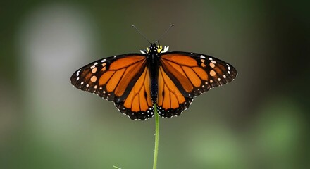 Full body of vibrant monarch butterfly perched on flower stem, isolated on transparent background