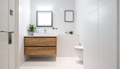 Fototapeta premium Modern minimalist bathroom interior design with white walls, wooden vanity, and contemporary toilet.