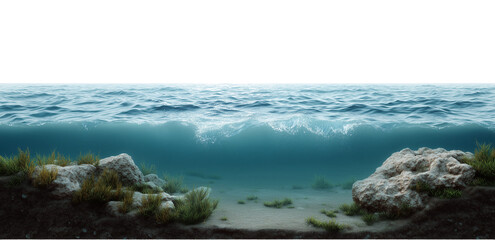 A rocky shoreline with a body of water in the background. The water is blue and the rocks are scattered throughout the area .The ocean in section, the sea is rectangular.