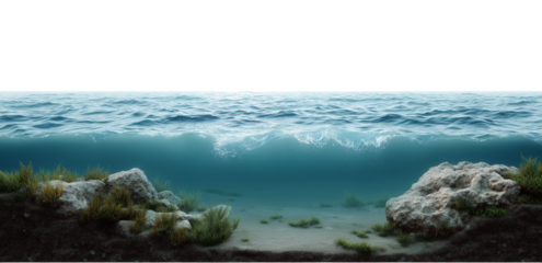 A rocky shoreline with a body of water in the background. The water is blue and the rocks are scattered throughout the area .The ocean in section, the sea is rectangular.