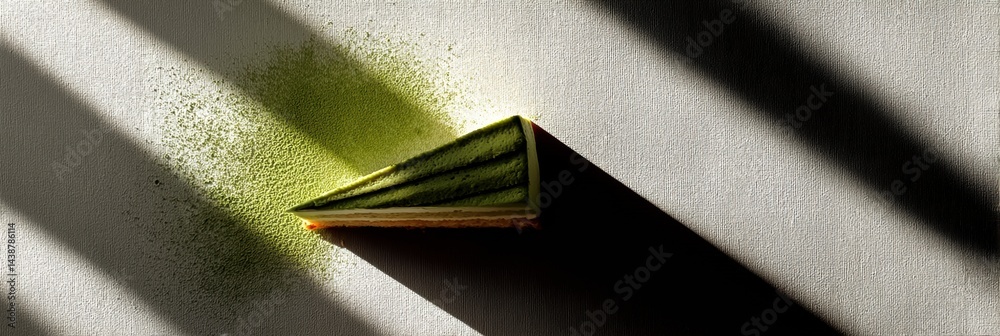 Poster minimalist matcha cake showcasing elegant abstract shadow play on a textured surface