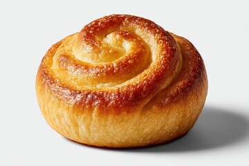 Golden swirl pastry with layered dough texture and baked shine isolated on clean white background in gourmet food presentation style photo