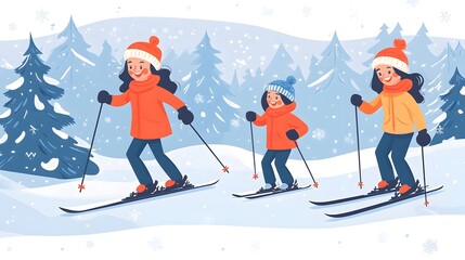 Happy family enjoys a fun winter day skiing together down a snowy slope in a picturesque forest.