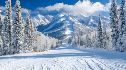 A pristine snowy mountain ski slope scene with evergreen trees under a bright winter sky.