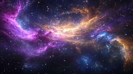 Naklejka premium Vibrant cosmic nebula displaying colorful shades of purple, gold, and blue in deep space