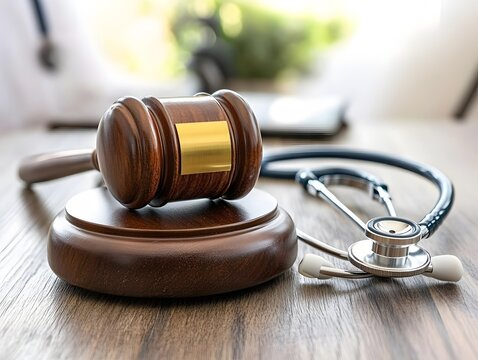 Wooden Judge Gavel and Stethoscope on Desk Medical Law Concept