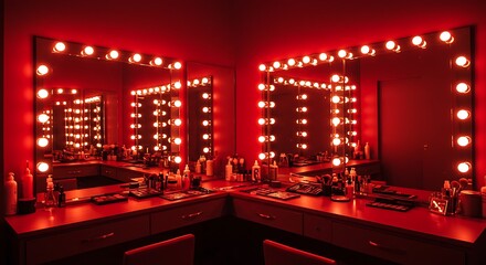 Glamorous Red Dressing Room: Mirrors, Lights, and Hollywood Style space stage makeup beauty design  
