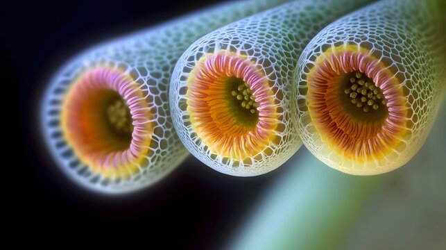 Intricate Floral Macroscopic Closeup, Vibrant Orange and Pink Petals, Detailed Texture, Abstract Botanical