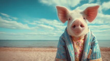 Pig dressed in human clothes at the beach. Summer holidays