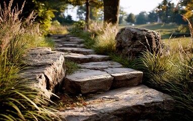 Fototapeta premium Stone path winding through grassy landscape