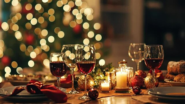 Festive christmas dinner table with candles, wine, and glowing tree lights