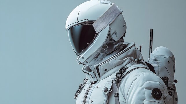 A futuristic astronaut in a pristine white spacesuit stands against a muted blue backdrop prepared for a space mission.