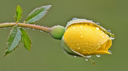Closeup Dew Drops Yellow Rosebud Macro Photography