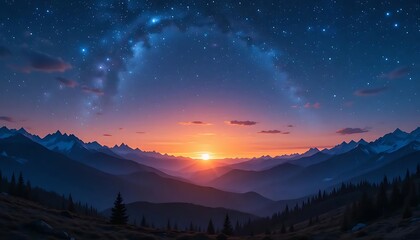 Majestic Mountain Sunset: Starry Night Sky Panorama. Breathtaking twilight view, serene landscape.  