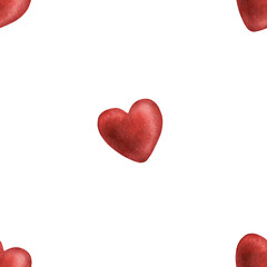 Red heart seamless pattern. Vintage Valentine day scarlet heart cute love print Watercolor hand-drawn romantic texture. Perfect for romantic wrapping, love nice background, wedding decoration, fabrics