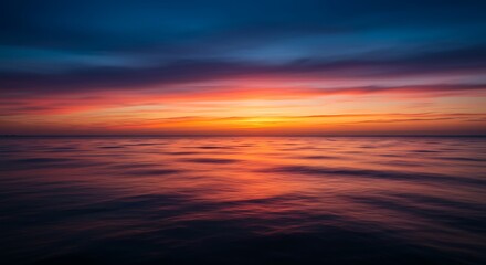 Ocean Sunset Blur: Abstract Sunrise Seascape, Dark Sky, Sunlight, Deep Water Motion Background      
