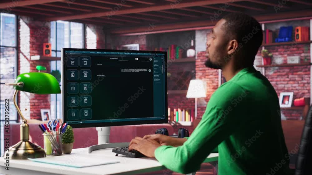 Fototapete Remote worker uses conversational AI bot to help solve daily tasks, chatting with machine learning powered chatbot to generate data responses. Efficiency with AI assistant tool. Camera A.